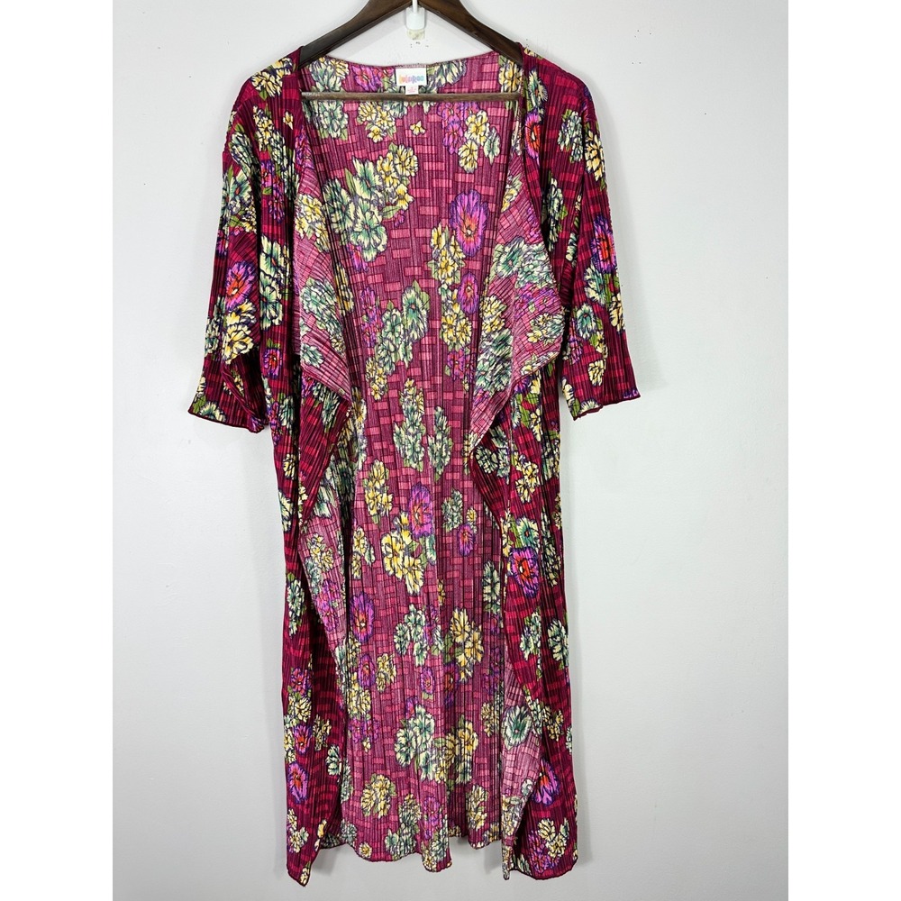LuLaRoe Sarah Duster Cardigan S Pink Floral Ribbed Boho Festival Layering Hippie